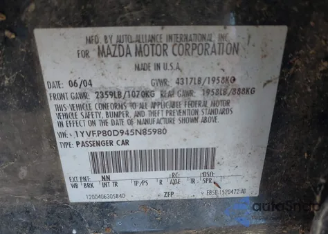 2004 Mazda Mazda6 S z USA, uszkodzony, nr VIN 1YVFP80D945N85980